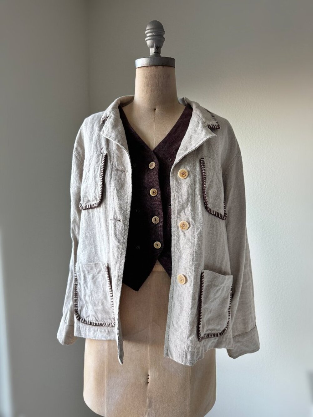 Free Wear by Johnathon Hoenscheidt 100% Linen Jacket & Vest 2Pc Set Whipstitch